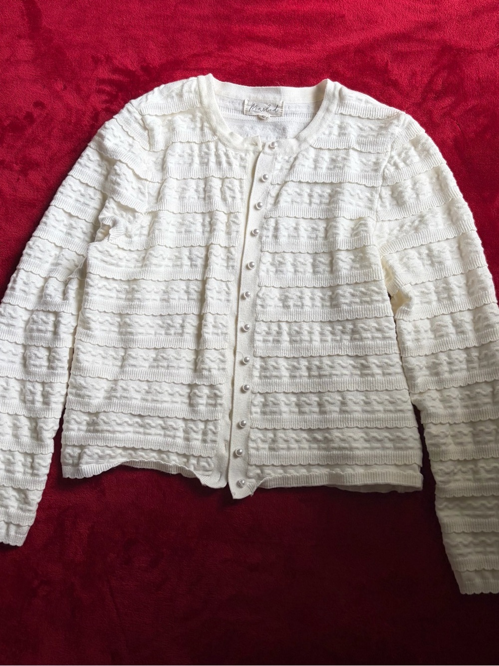 Marbled White Textured Knit Cardigan W/Pearl Button: Size M